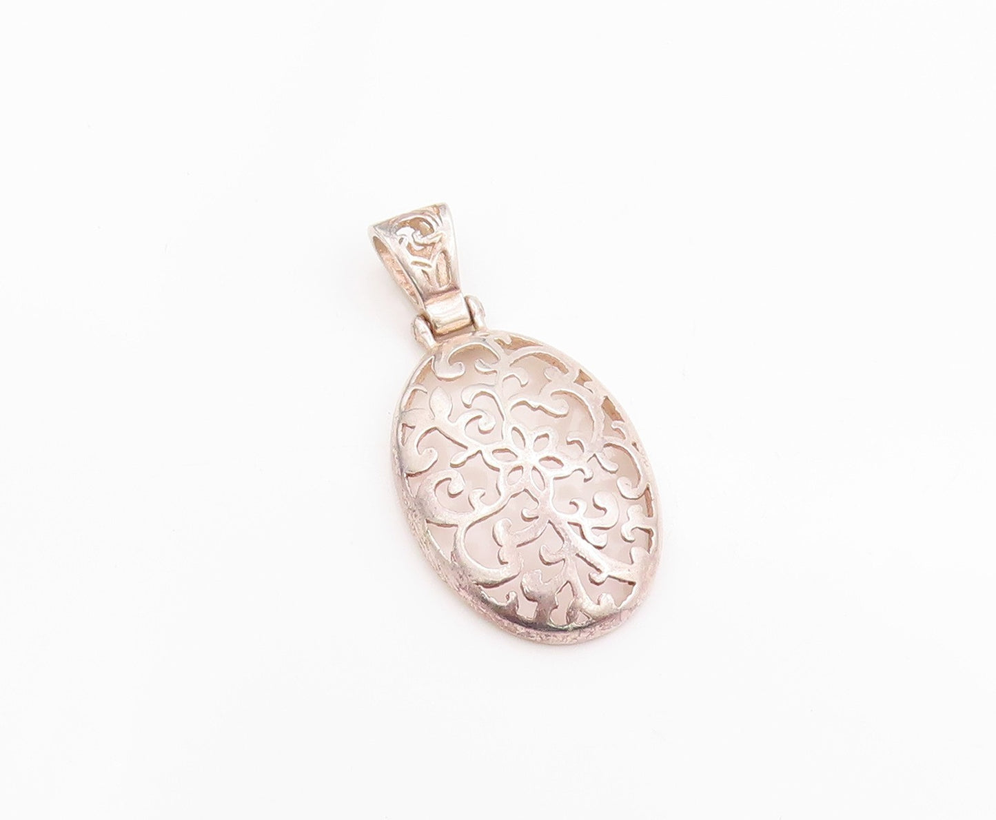 925 Sterling Silver Vintage Pendant Oval Open Work Swirly Floral Cut Out PT24820