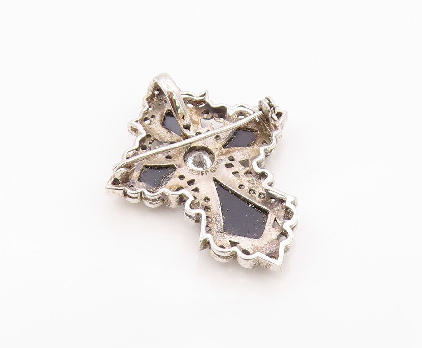 925 Sterling Silver Vintage Brooch Pin Onyx & Topaz Religious Cross  BP12576