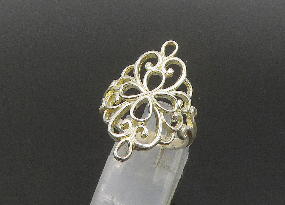 925 Sterling Silver  Vintage Shiny Open Floral Motif Band Ring Sz 8.5  RG23190