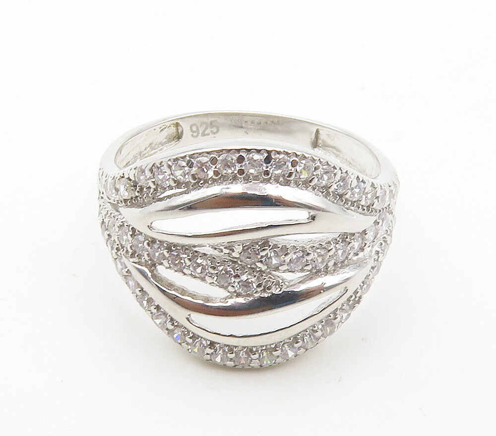 925 Sterling Silver  Shiny White Topaz Cutout Design Band Ring Sz 7  RG15509