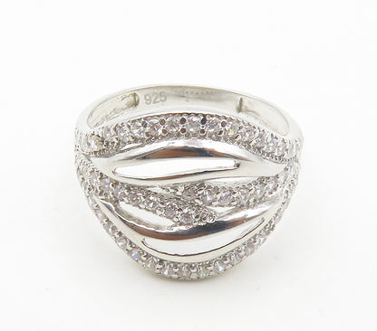 925 Sterling Silver  Shiny White Topaz Cutout Design Band Ring Sz 7  RG15509