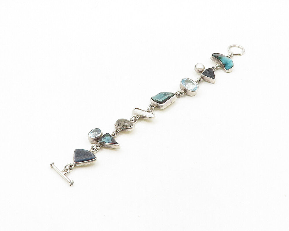 925 Silver Vintage Pearl Quartz Topaz & Multi Stone Chain Bracelet BT7697