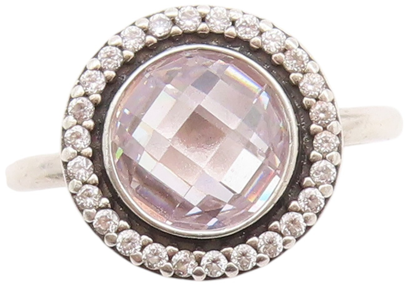 925 Sterling Silver Vintage Ring PANDORA Round Main Stone Halo CZ  Sz 9  RG33025