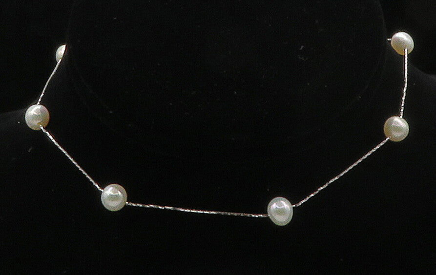 925 Sterling Silver  Freshwater Pearls Shiny Thin Chain Necklace  NE2673