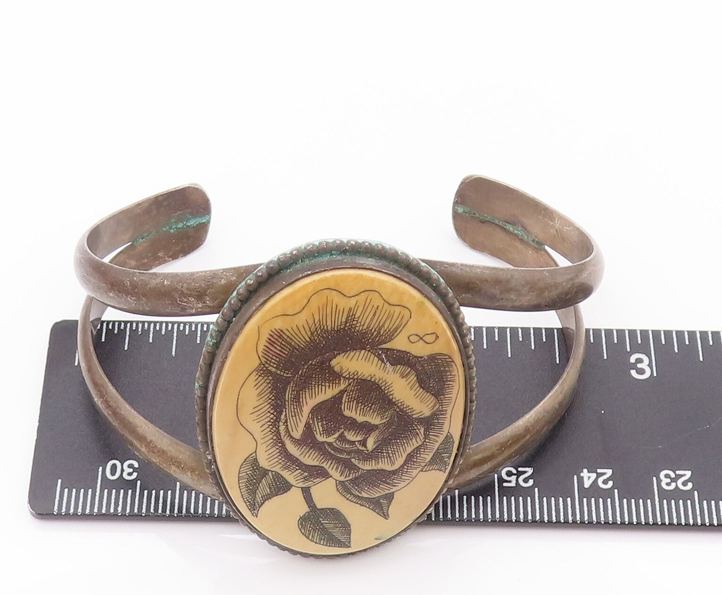 925 Sterling Silver Vintage Bracelet Painted Rose Antique Split Cuff  BT10452