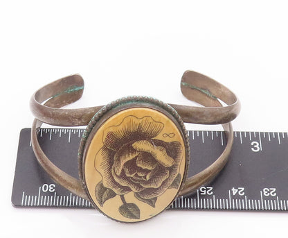 925 Sterling Silver Vintage Bracelet Painted Rose Antique Split Cuff  BT10452