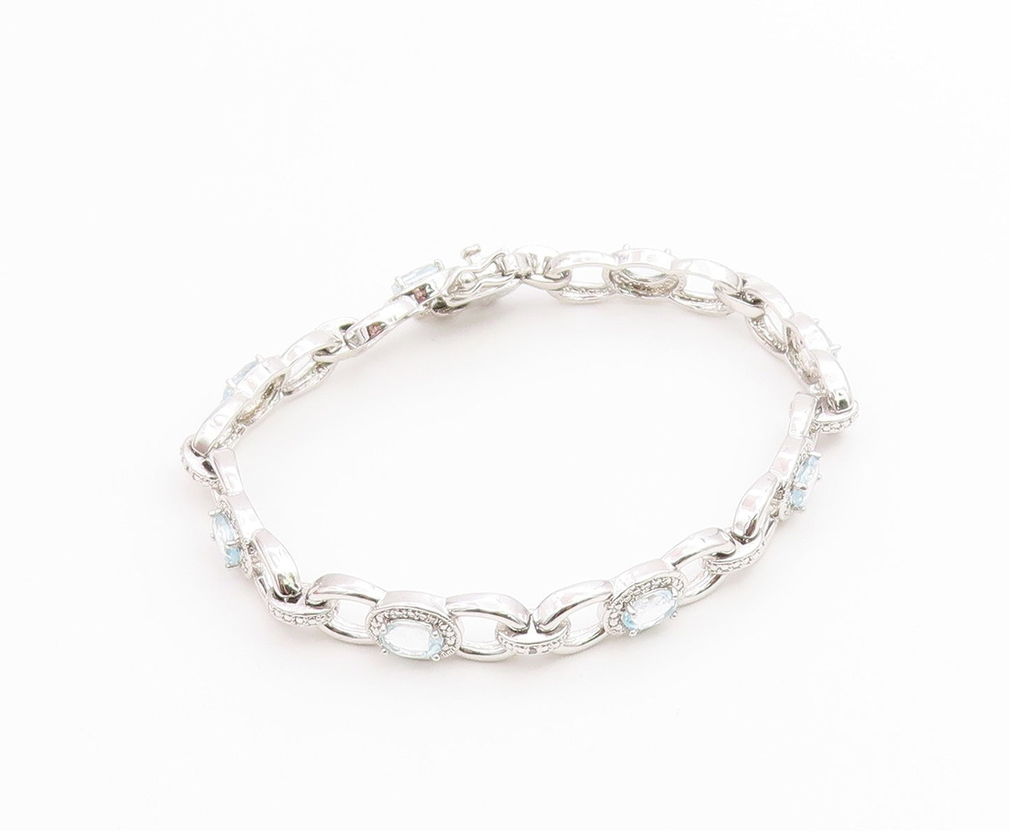925 Sterling Silver Vintage Bracelet Oval Cut Blue Topaz Statement Chain BT12230
