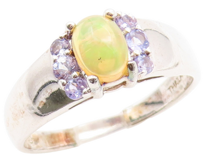 925 Sterling Silver Vintage Ring Oval Fire Opal & Tanzanite Band  Sz 10  RG35983