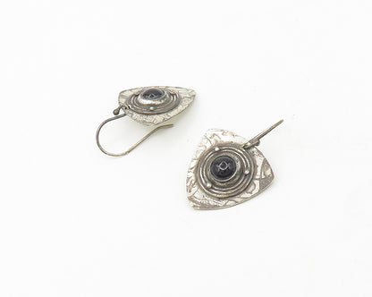 925 Sterling Silver  Vintage Cabochon Cut Black Onyx Drop Earrings  EG9390