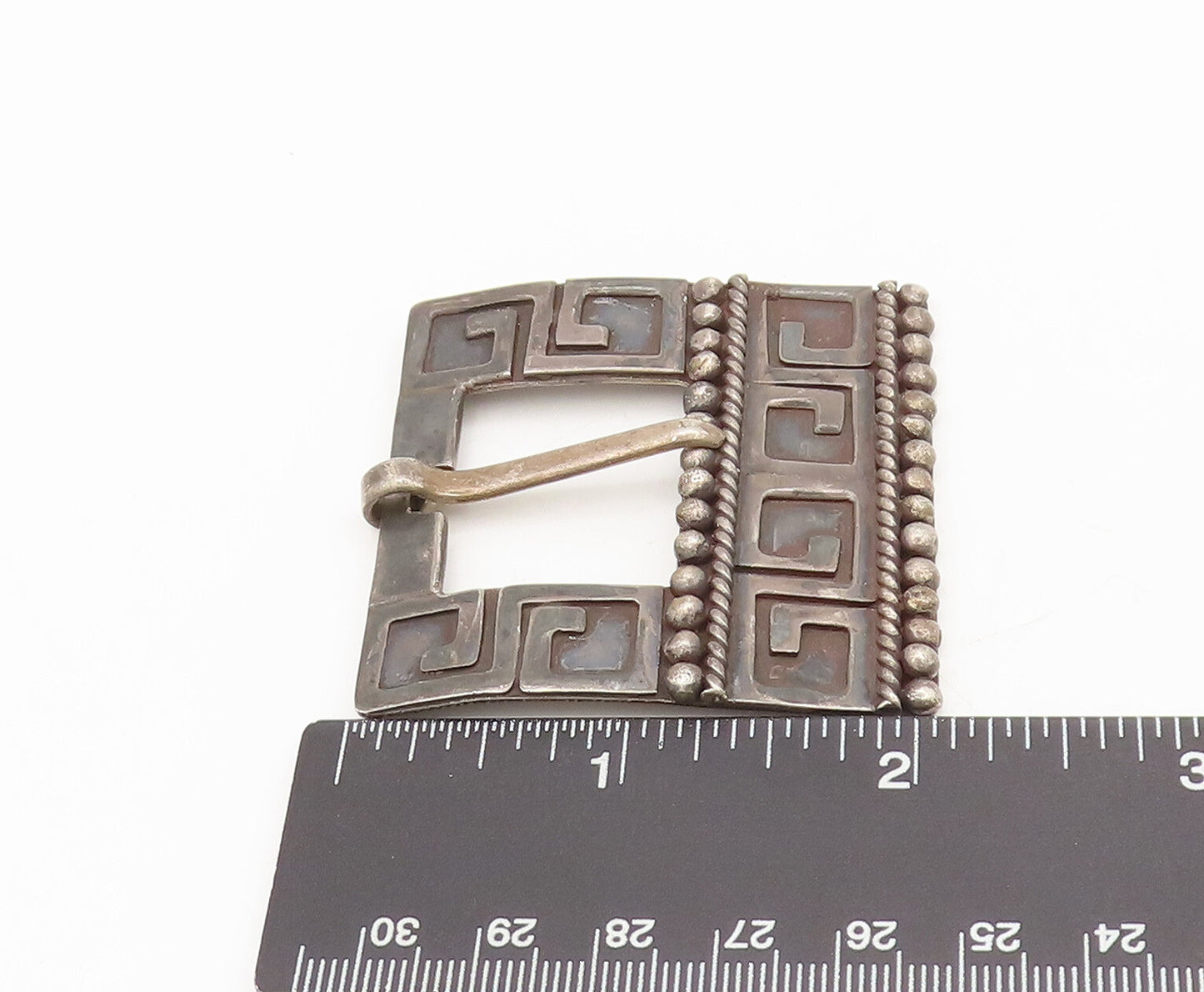TAXCO 925 Silver  Vintage Antique Beaded Carved Greek Maze Belt Buckle  TR3665