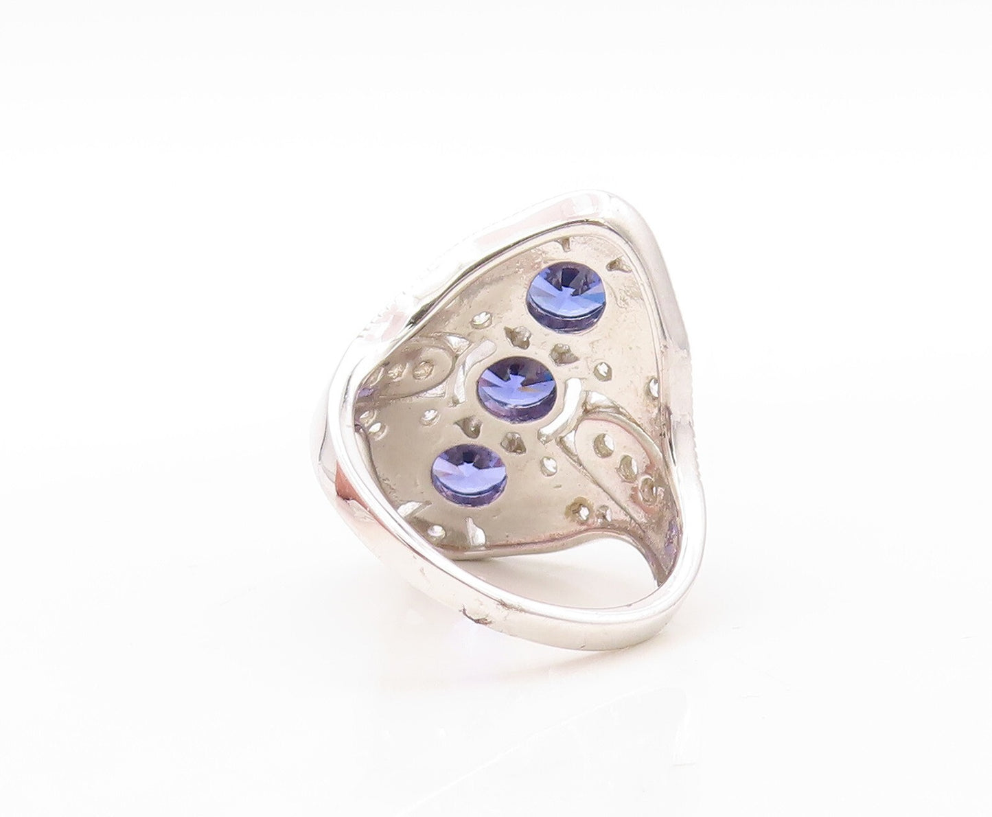 925 Sterling Silver Vintage Ring Bead Carved Sapphire & CZ Inlay  Sz 7  RG30942