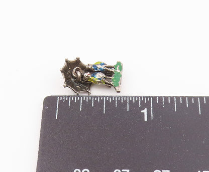925 Sterling Silver  Vintage Enamel Love Birds Under Umbrella Pendant  PT20726