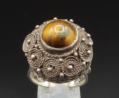 ISRAEL 925 Silver  Vintage Beaded Rope Spiral Tiger's Eye Ring Sz 9  RG24956