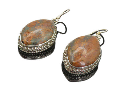 925 Sterling Silver  Vintage Jasper Pointed Oval Shiny Dangle Earrings  EG3645
