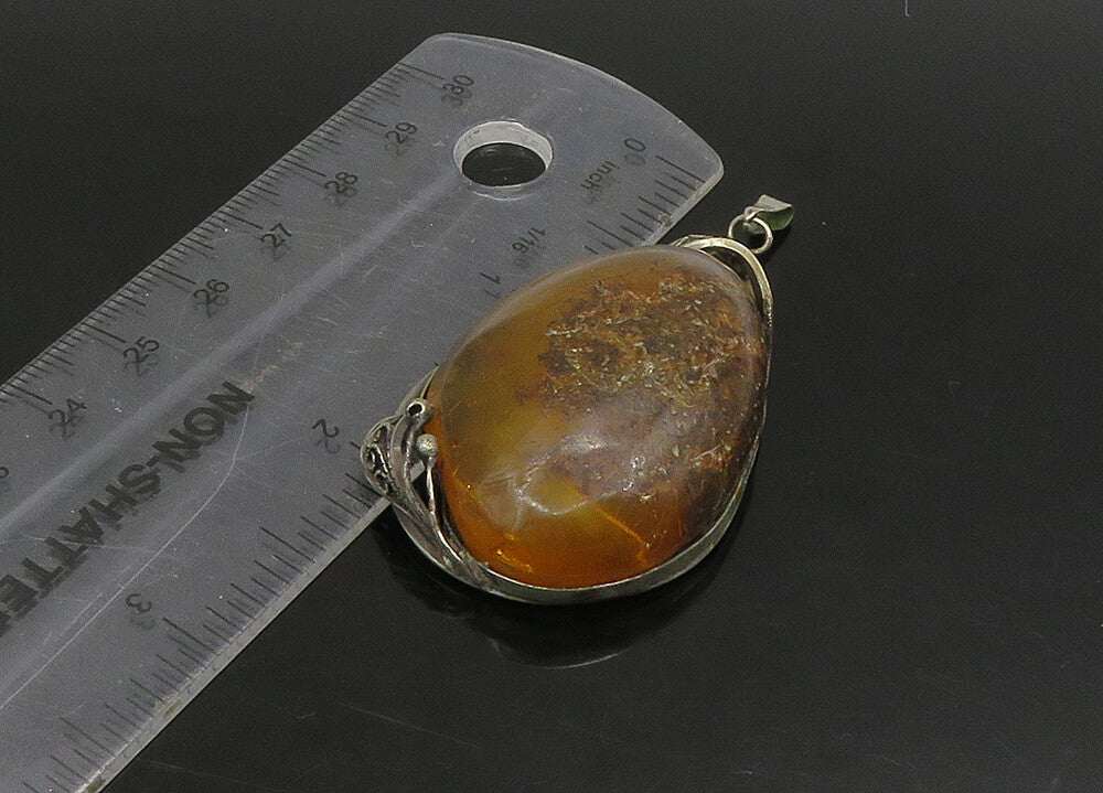 925 Sterling Silver  Vintage Cabochon Cut Tear Drop Amber Pendant  PT18778