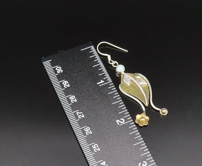 925 Silver  Vintage Two Tone Floral Leaf Stem Fire Opal Earrings  EG11746