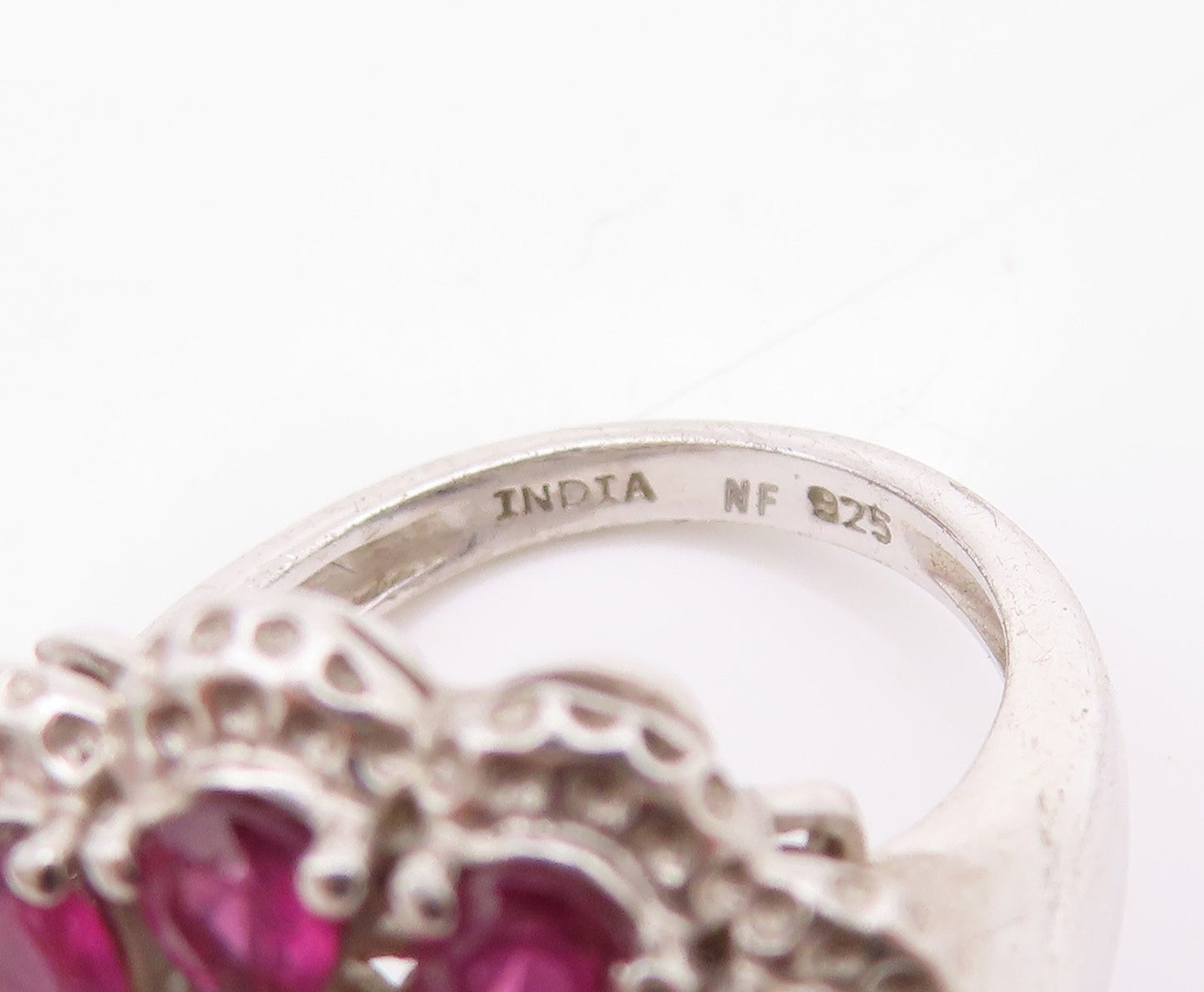 925 Sterling Silver Vintage Ring Drop Cut CZ & Rhodochrosite Flower Sz 5 RG32226
