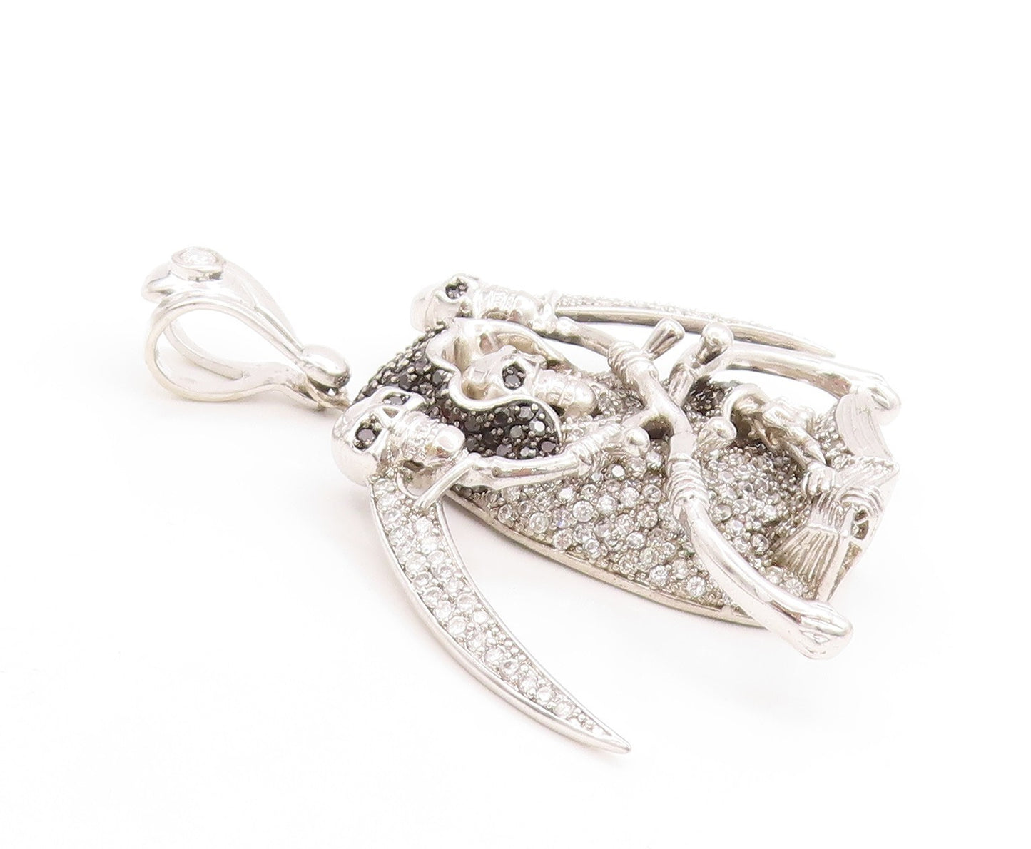 925 Sterling Silver Vintage Pendant Sparkling CZ Clustered Grim Reaper  PT25079