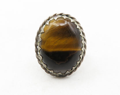 925 Sterling Silver  Vintage Tiger's Eye Serrated Cocktail Ring Sz 9  RG12590