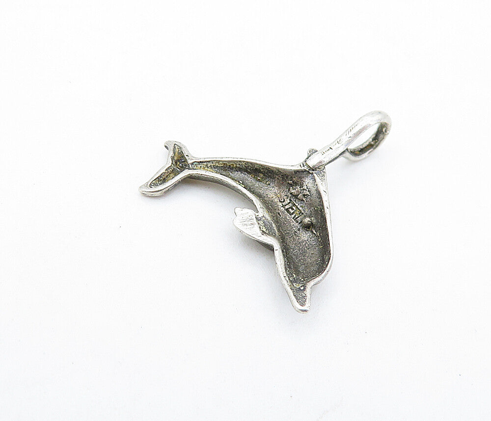 925 Sterling Silver  Vintage Petite Dark Tone Leaping Dolphin Pendant  PT4036