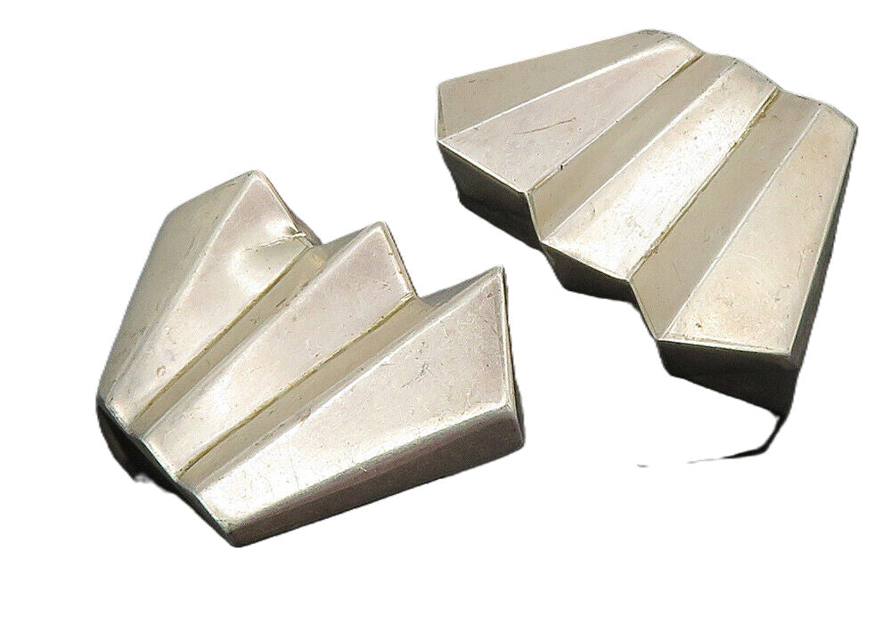 MEXICO 925 Sterling Silver  Vintage Shiny Modernist Non Pierce Earrings EG5848