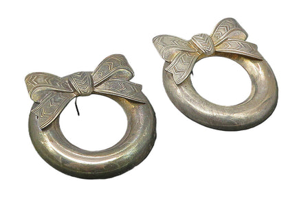 925 Sterling Silver  Vintage Dark Tone Ribbon Bow Wreath Drop Earrings  EG5678