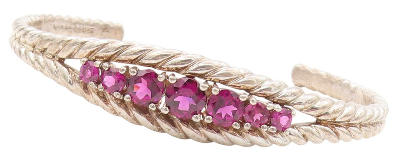 925 Sterling Silver Vintage Bracelet Designer Round Pink CZ Roped Cuff  BT11067
