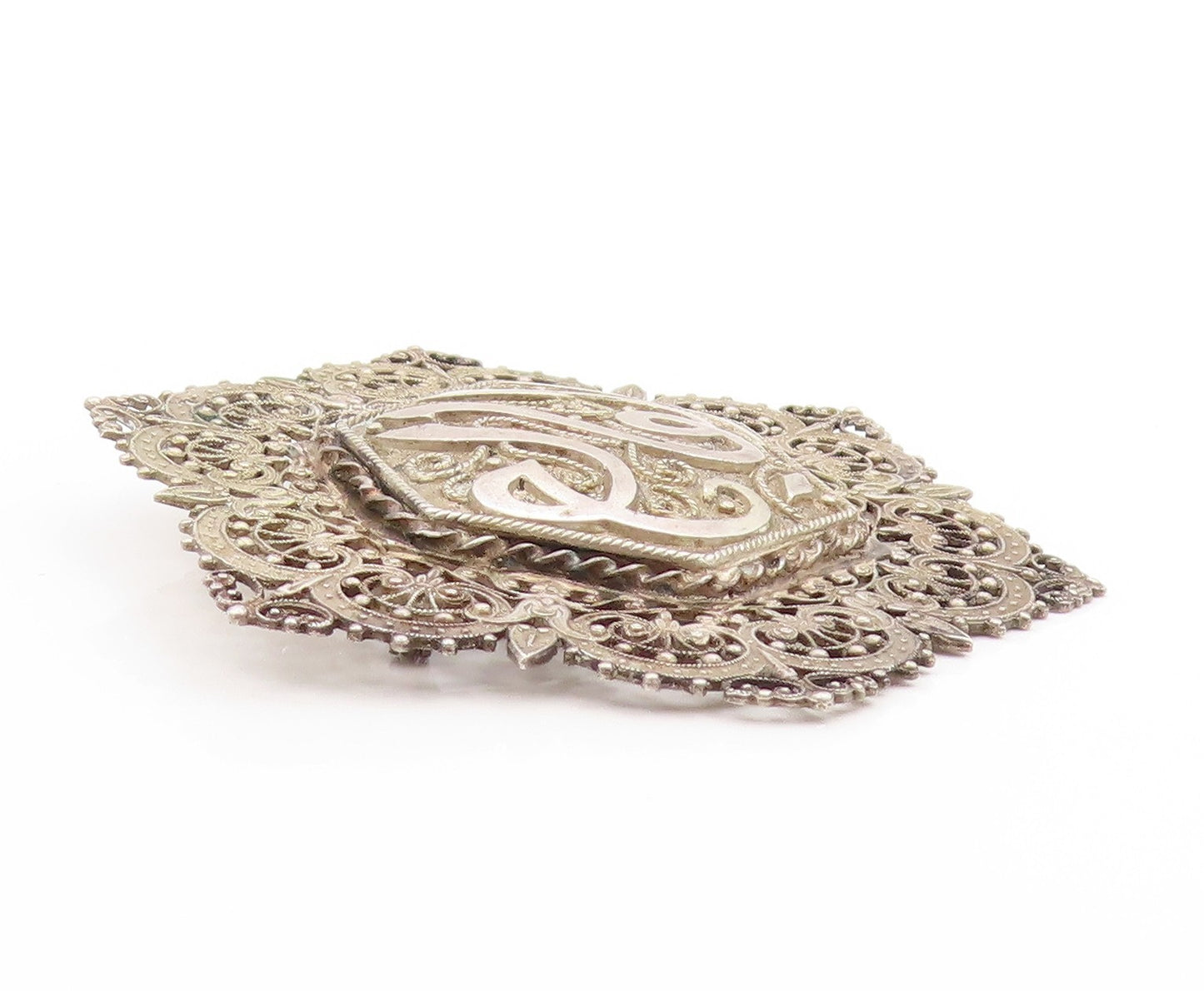 925 Sterling Silver Vintage Brooch Arabic Calligraphy Filigree Design  BP11900