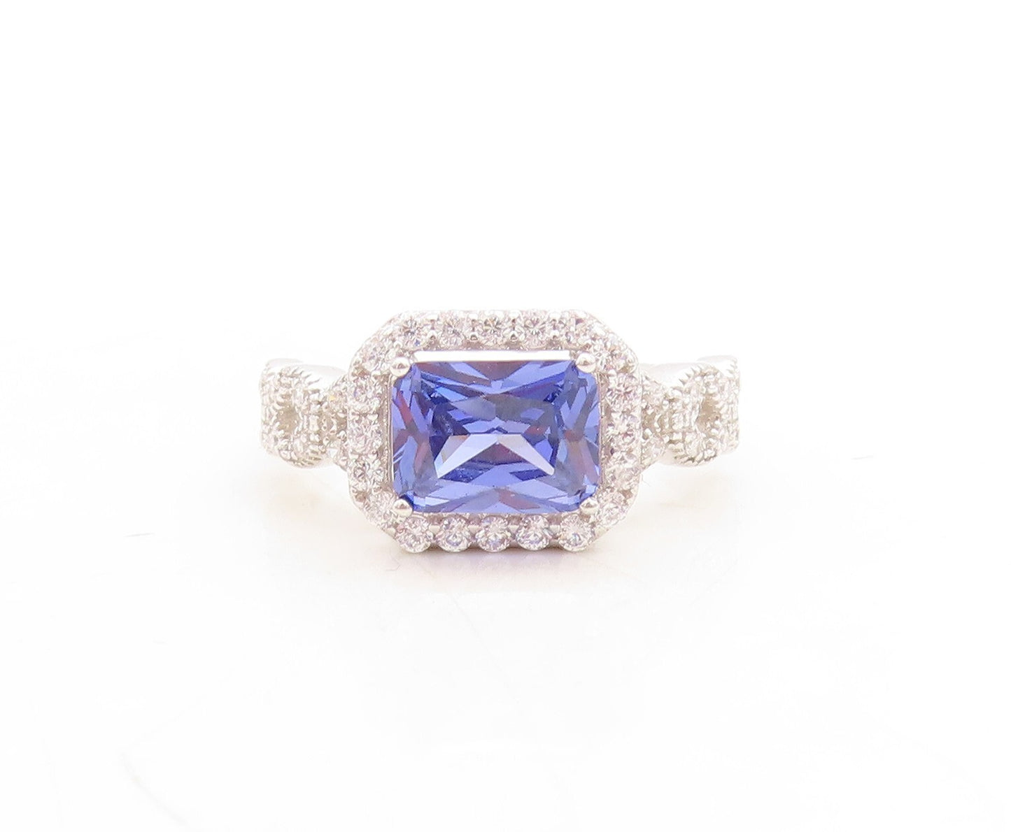 925 Sterling Silver Vintage Ring Rectangle Cut Sapphire Halo CZ  Sz 7  RG31379