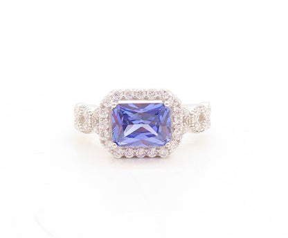 925 Sterling Silver Vintage Ring Rectangle Cut Sapphire Halo CZ  Sz 7  RG31379