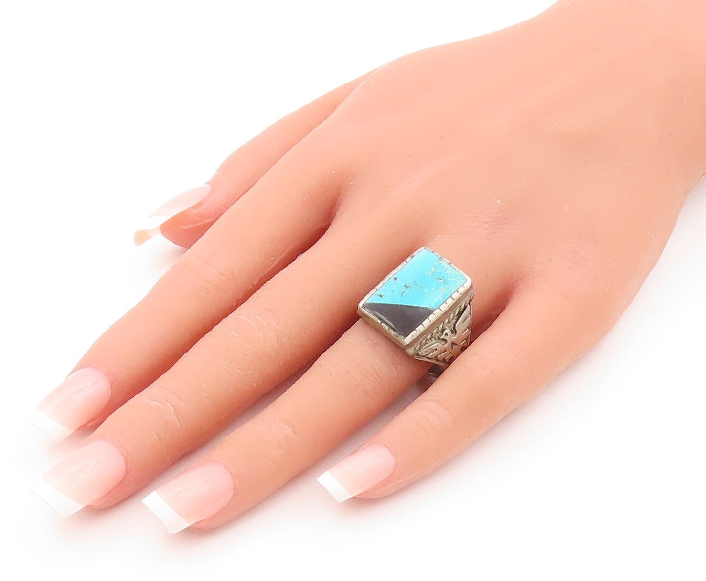 925 Sterling Silver Vintage Ring NAVAJO ZUNI Turquoise Onyx  Sz 10.5  RG31866