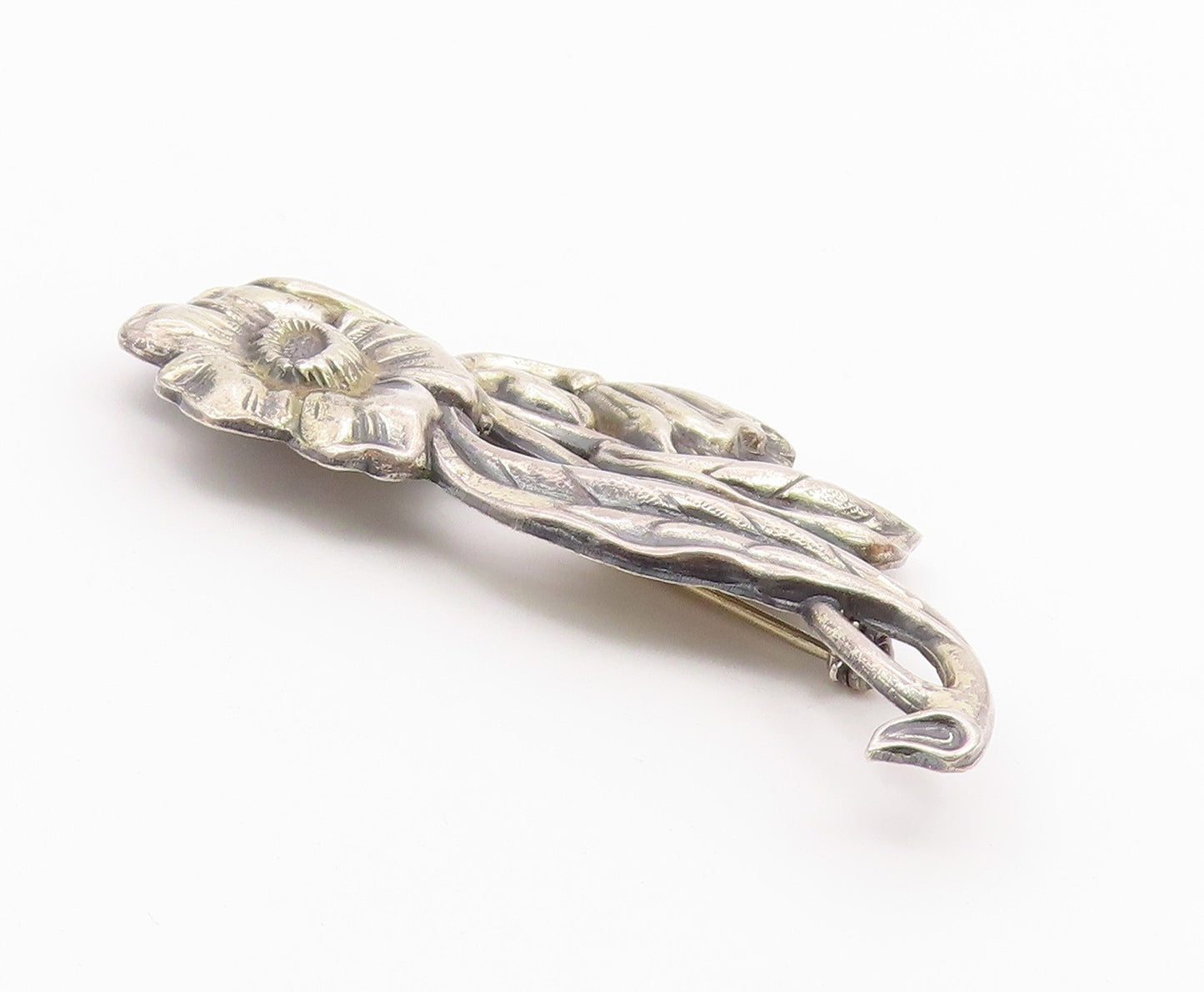 925 Sterling Silver  Vintage Etched Blooming Flowers Motif Brooch Pin  BP3225