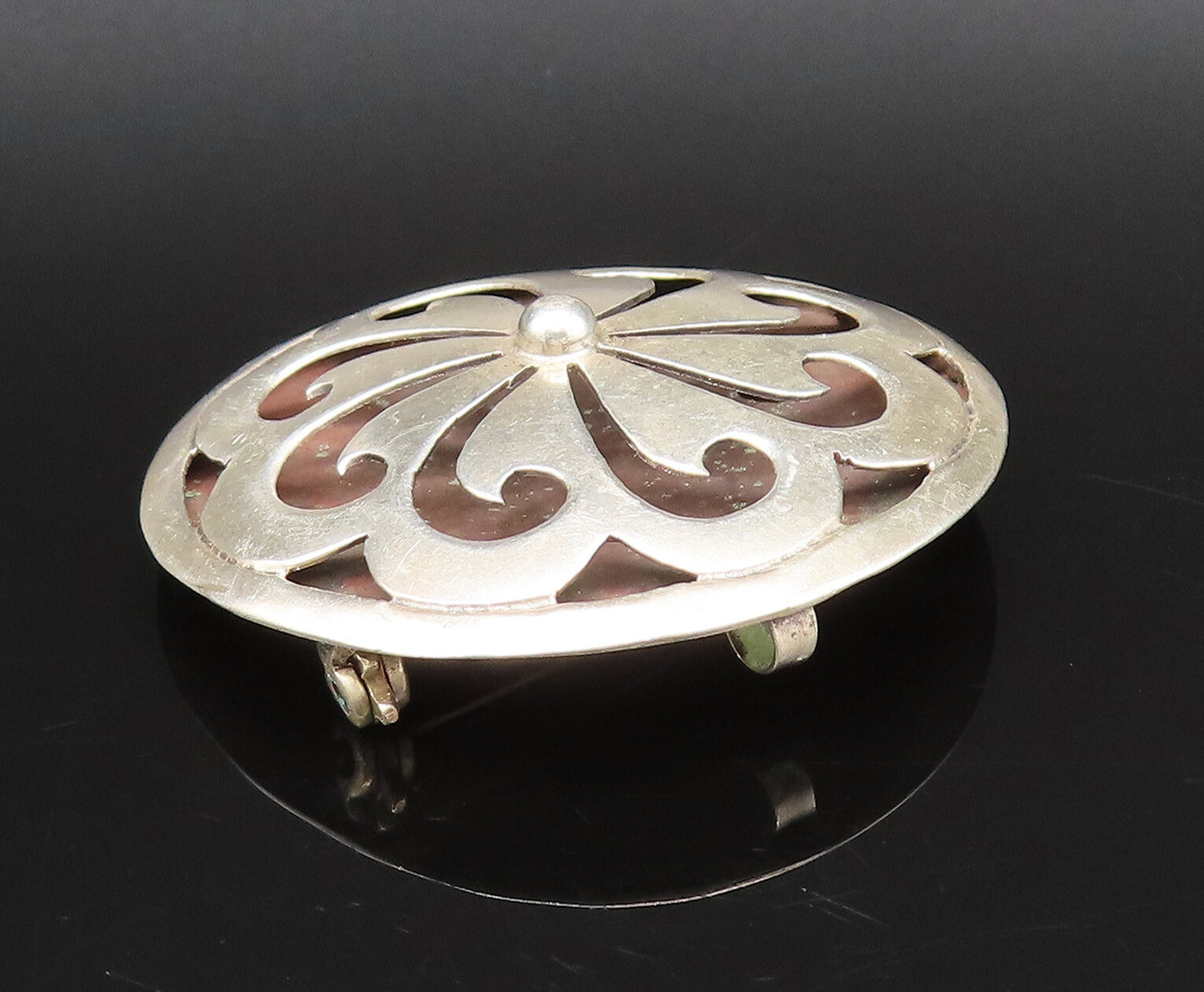 MEXICO 925 Silver  Vintage Carved Floral Spiral Pinwheel Brooch Pin  BP10089