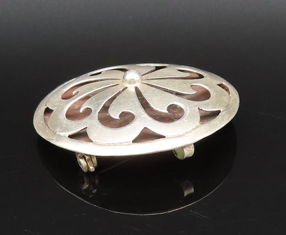 MEXICO 925 Silver  Vintage Carved Floral Spiral Pinwheel Brooch Pin  BP10089