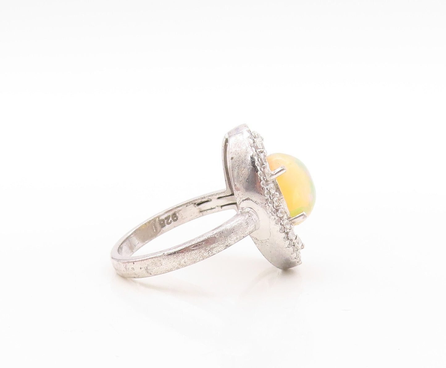 925 Sterling Silver Vintage Ring Oval Fire Opal Halo CZ Bands  Sz 8.5  RG30921