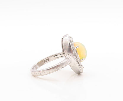925 Sterling Silver Vintage Ring Oval Fire Opal Halo CZ Bands  Sz 8.5  RG30921