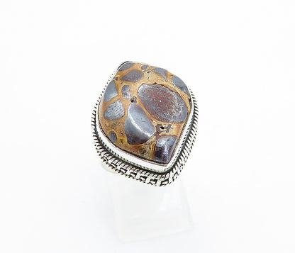 925 Sterling Silver  Brown Spotted Jasper Shiny Cocktail Ring Sz 7.5  RG7781