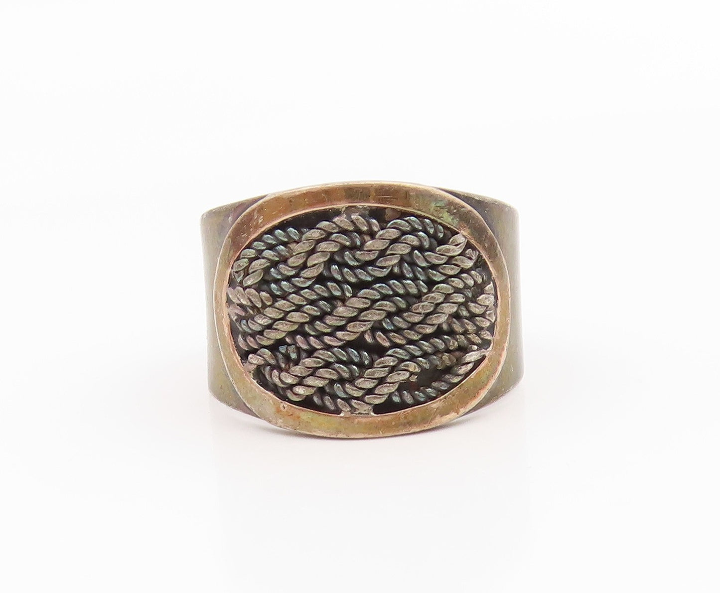 14k Gold & 925 Sterling Silver Vintage Ring POLAND Rope Motif  Sz 8  RG36020