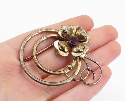925 Sterling Silver  Vintage Amethyst Dark Tone Flower Brooch Pin  BP2791