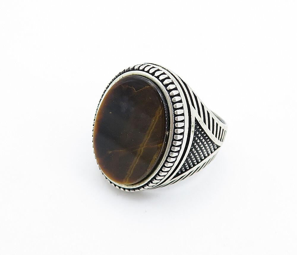925 Sterling Silver  Vintage Inlaid Tiger's Eye Cocktail Ring Sz 10  RG7363