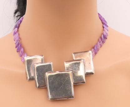925 Sterling Silver Vintage Necklace Cubed Amethyst Graduated Setting NE4530