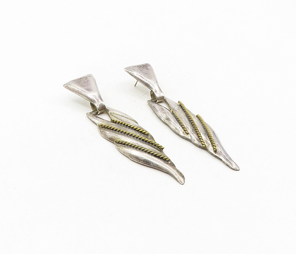 MEXICO 925 Silver  Vintage Two Tone Rope Twist Pointed Dangle Earrings  EG4674