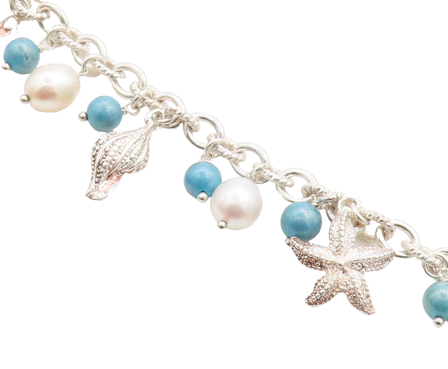 925 Sterling Silver  Pearl Beads Sea Charmed Twist Link Chain Bracelet  BT1725