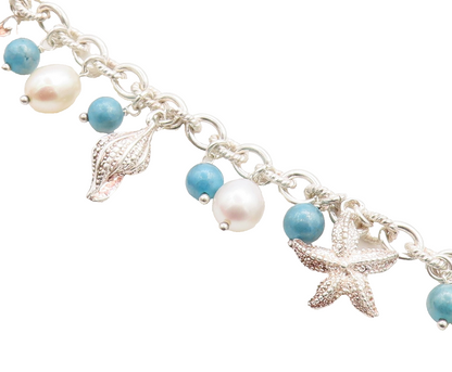 925 Sterling Silver  Pearl Beads Sea Charmed Twist Link Chain Bracelet  BT1725