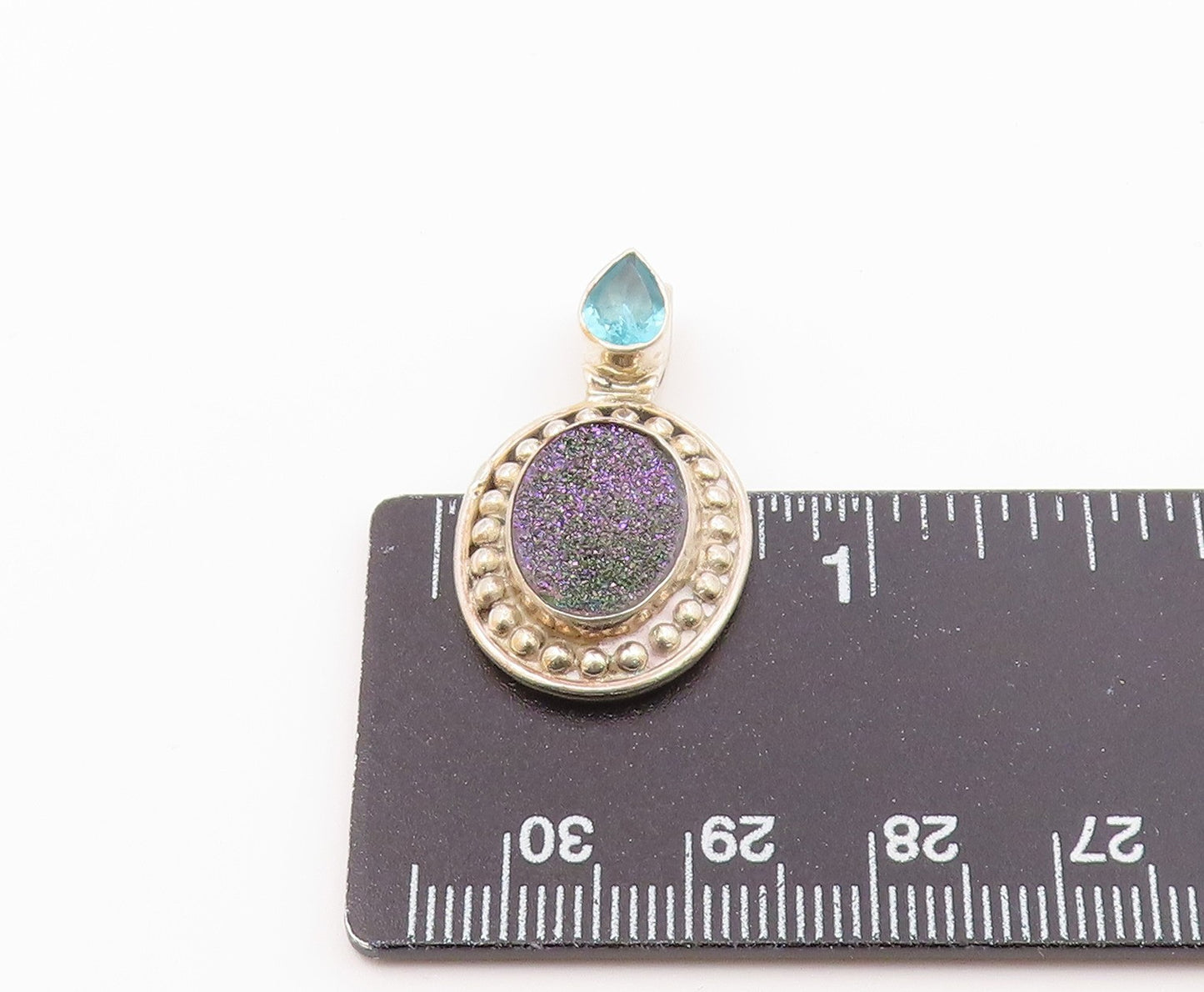 925 Sterling Silver  Vintage Pear Shaped Topaz & Druzy Beaded Pendant  PT20375
