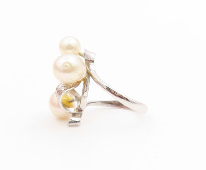 925 Sterling Silver Vintage Ring Elegant Pearl Etched Leaf Band  Sz 6  RG35858