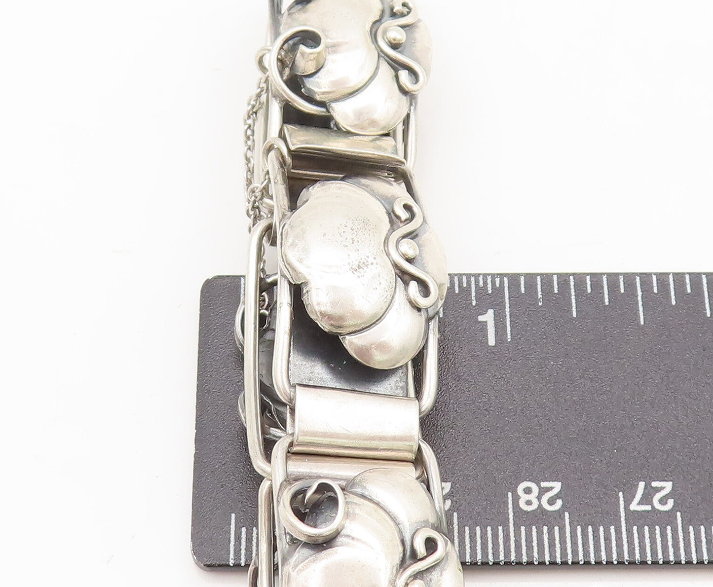 925 Sterling Silver Vintage Bracelet DENMARK Link Carved Framed Flower  BT10218