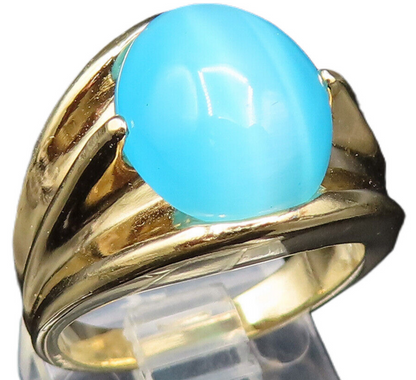 925 Sterling Silver  Vintage Gold Plated Blue Cat Eye Ring Sz 6.5  RG25559