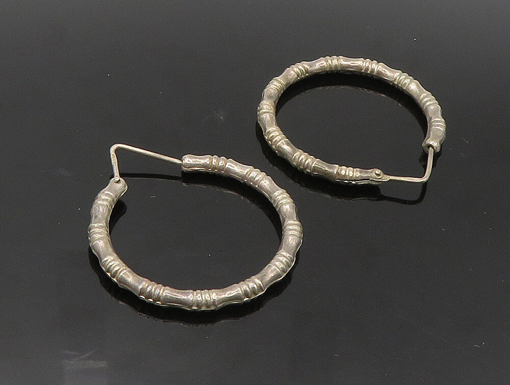 925 Sterling Silver  Vintage Shiny Hollow Bamboo Hoop Earrings EG11537