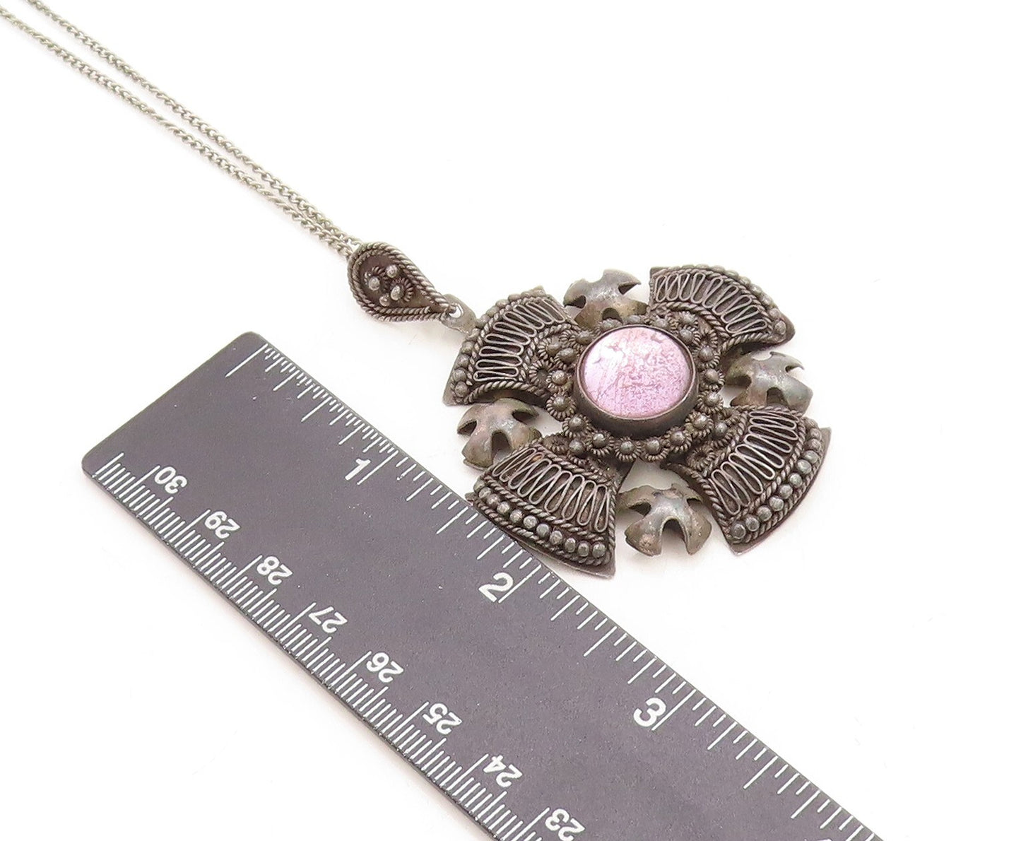 ISRAEL 925 Sterling Silver Vintage Antique Gemstone Cross Chain Necklace  NE1973